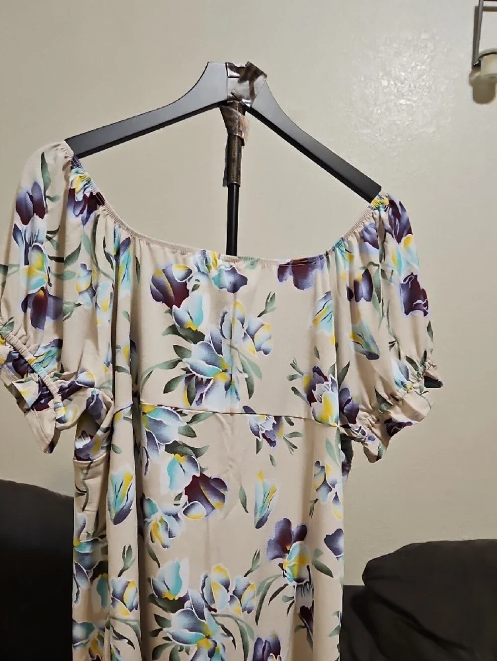 Sew In Love Cream Floral Off-Shoulder Blouse with Purple & Blue Flowers - Picture 6 of 10